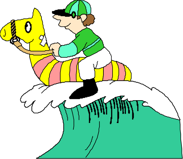 The cartoon shows a jockey riding on top of an inflatable surfboard with waves beneath it; there is no text present in this image.