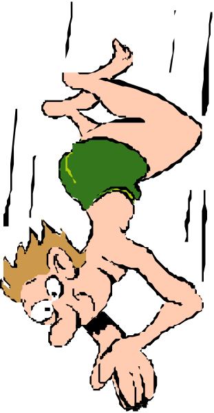 The image shows a cartoon of an animated character who appears to be falling from midair with their arms outstretched for balance against a black background.