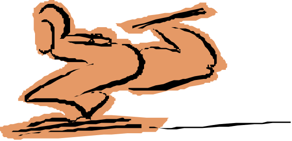 The image shows a black and white line drawing of an animated character riding on top of what appears to be a surfboard in mid-motion with waves beneath them.