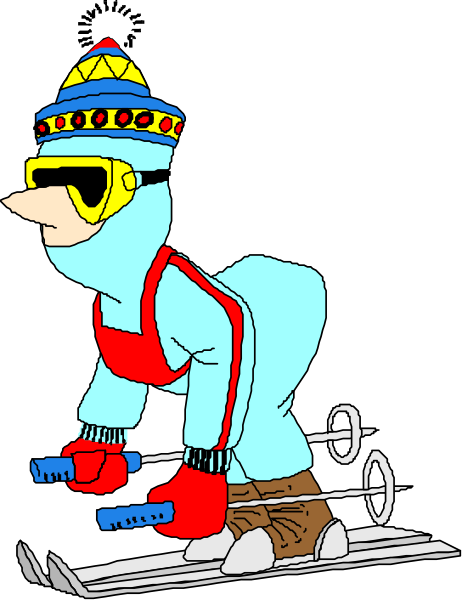 The cartoon depicts a person on skis with ski poles, wearing goggles and gloves, riding downhill in what appears to be snowy conditions during daylight hours.