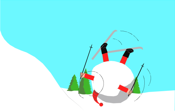 The image shows a cartoon of two skiers skiing downhill on snowy slopes with trees around them; there is also an animated depiction of Santa Claus in mid-air above his sleigh, which appears to be flying through space as if he's lost control and falling.