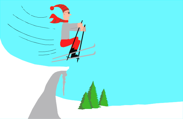 The image shows a cartoon of an animated skier jumping over water with trees on either side while wearing red pants and holding ski poles in each hand.