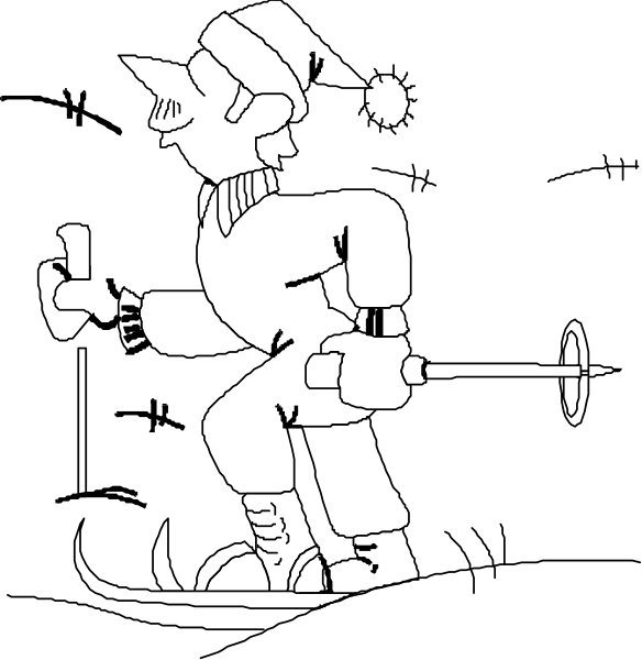 The black and white illustration shows a cartoon of Santa Claus on skis with his right hand holding ski poles while he is smiling at something off-frame to his left.