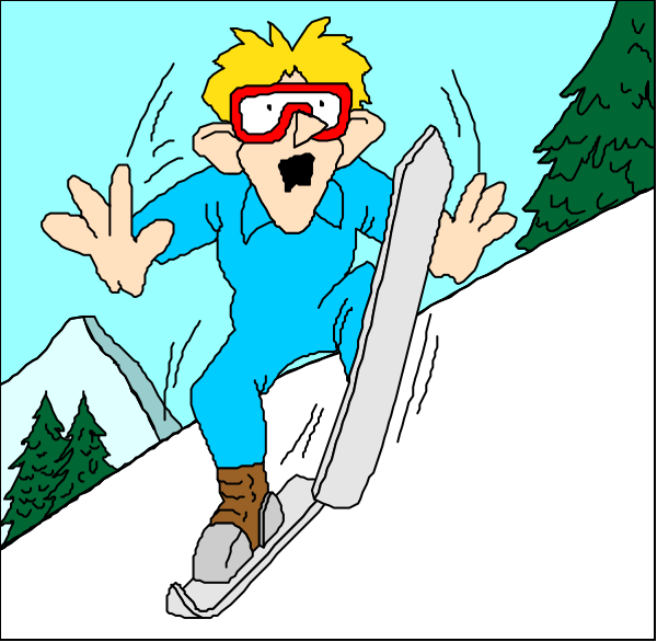 The comic strip shows a man on skis falling downhill with his arms outstretched for balance; he is wearing goggles over eyes that appear to be closed in pain from hitting something hard while skiing, and there's an exaggerated expression of surprise or shock as the impact occurs.