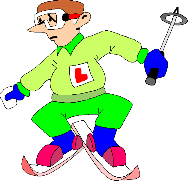 The cartoon shows a man on skis with ski poles, wearing goggles and holding what appears to be an ice pick in his right hand while standing against a black background; he is smiling slightly as if posing for this image.