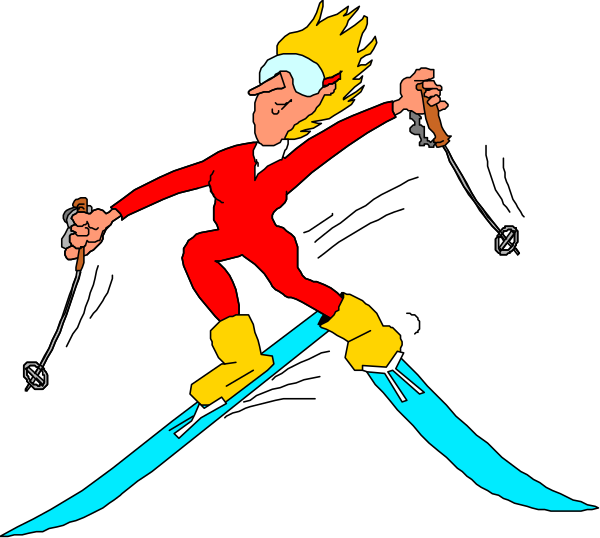 The cartoon depicts a person on skis with ski poles, wearing goggles and holding two ropes attached to what appears to be an animal that is pulling them along in mid-air against a black background.