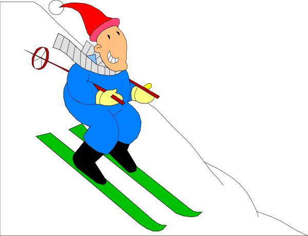 The cartoon shows a person skiing downhill on skis with snowboards attached to their feet while wearing blue overalls; there is also text at bottom left that reads "10" in bold red font, and below it appears to be an arrow pointing upwards towards another number or value.