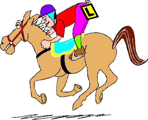 The image shows a cartoon of an adult male jockey riding on top of a brown horse with white spots; both characters appear to be in motion as if galloping forward against a dark background.