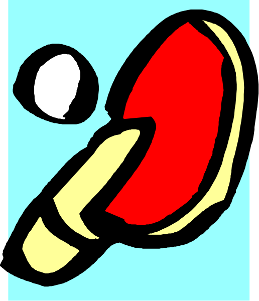 The image shows a cartoon of two ping pong balls with eyes on them flying towards an illustrated tennis racket that is red in color.