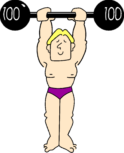 The image shows a cartoon of an athlete performing weightlifting exercises with weights on each side of his body while standing in front of a barbell rack that displays 100 pounds as its maximum capacity, indicating he is lifting more than this amount. He has muscular arms and appears to be exerting effort during the exercise. The background suggests an indoor gym setting. There are no other objects or people visible within the image frame.