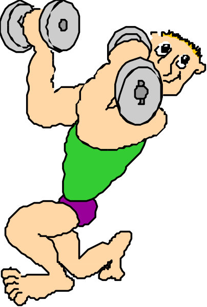 The image shows a cartoon of an athlete lifting weights with both hands on either side of his head while standing upright in front of them; he is wearing shorts that reveal muscular legs.