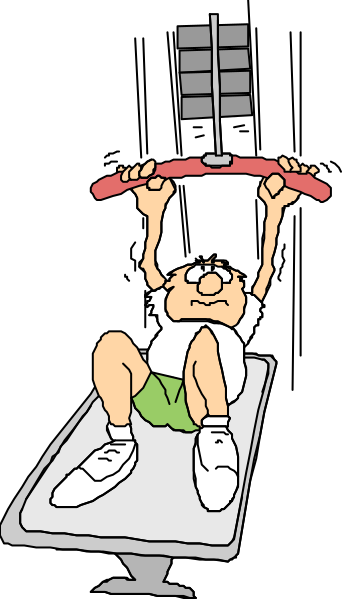 The image shows a cartoon of an older man doing bicep curls on a weight machine at what appears to be a gym with weights in each hand.