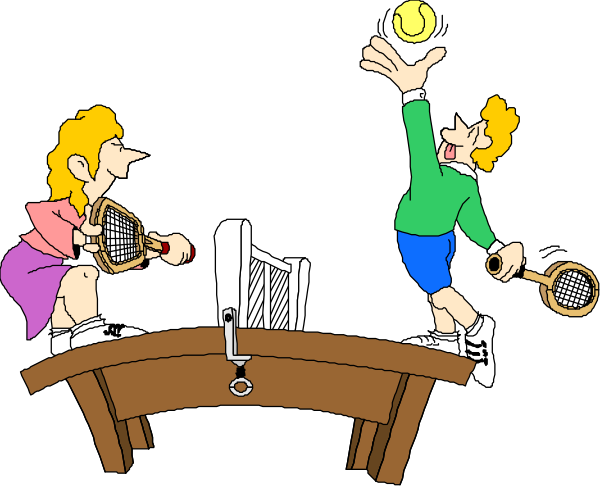 The cartoon shows three animated characters playing tennis on a court with rackets; two of them have sports balls near their heads while one is holding an extra racket in hand.