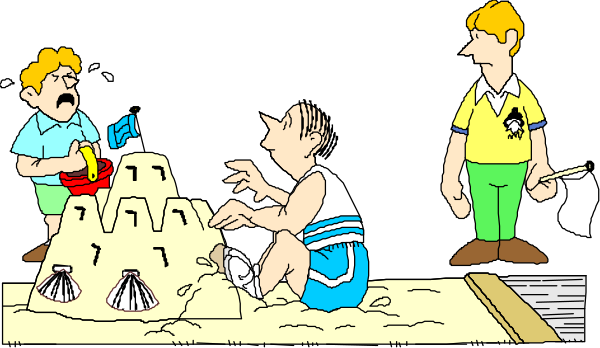 The black and white cartoon shows a group of four animated characters engaged with sandcastles: two adults standing on either side watching as one child is actively building a castle while another adult appears to be in distress, possibly due to an unexpected event involving their own creation or structure nearby; the setting suggests they are at a beach.
