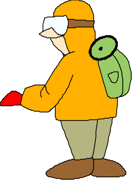 The cartoon shows a person wearing an orange raincoat with goggles on their head walking down a street carrying a backpack while it's raining.