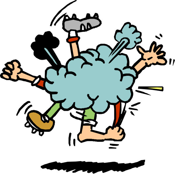 The cartoon shows a character with an exaggeratedly large cloud of smoke coming out from behind them as if it's being blown away by wind; another smaller figure is running towards this larger one in what appears to be alarm, and there seems to be some sort of explosion or impact happening between the two.