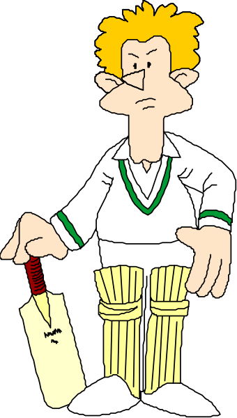 The cartoon depicts a male cricket player holding two bats with his hands on hips while standing next to wickets in front of him; he is wearing white pants and shoes, along with a green shirt adorned with stripes.