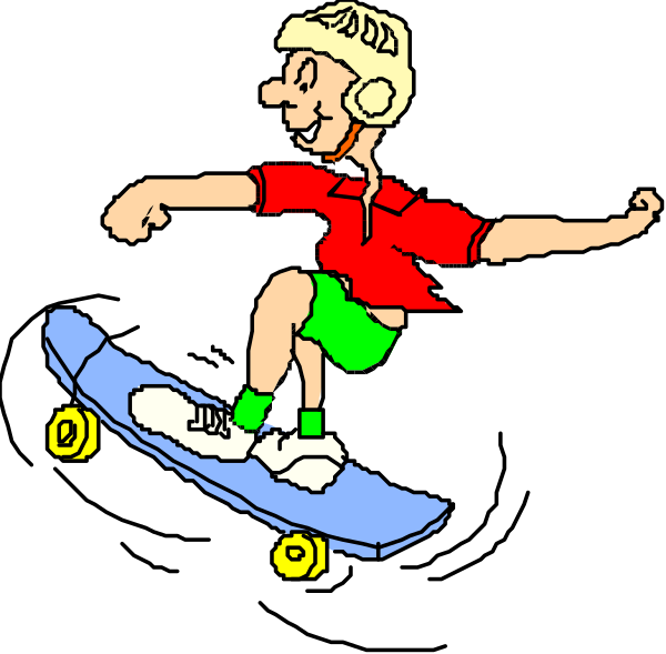 The cartoon shows a young boy riding on top of his skateboard with arms outstretched for balance while wearing shorts and sneakers; he is in motion against a black background.