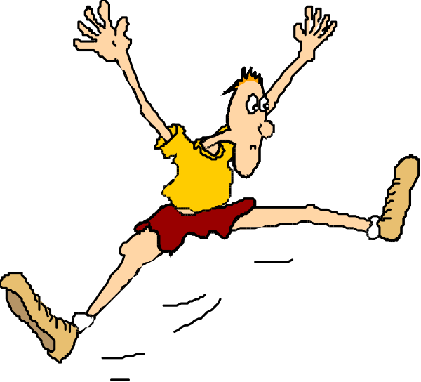 The cartoon shows a man with his arms outstretched as if he's running through an open field of grass under clear skies during daylight hours.