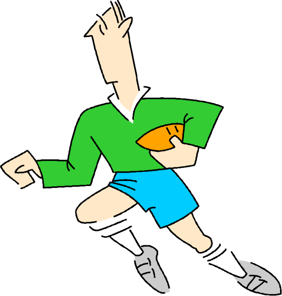 The image shows a cartoon of two different poses of an American football player holding a sports ball; he is wearing blue shorts with white stripes on each leg, green socks, cleats, and has short hair.