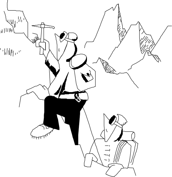The black and white illustration shows a person holding an object that resembles a hammer over another figure lying on its back with what appears to be a sword in hand; both figures seem to represent characters from video games, possibly inspired by "Minecraft."