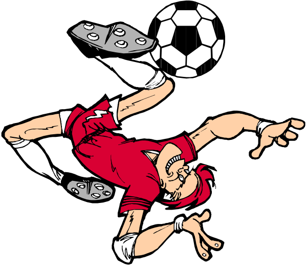 The black and white illustration shows a soccer player midair with his leg extended towards an airborne ball while wearing cleats; he is also holding onto another sports item that resembles a baseball glove, which has two fingers sticking out of it in front of him as if ready to catch the ball.