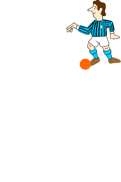 The image shows a black and white cartoon of two soccer players on an orange field with blue shorts; both have brown hair and one is wearing glasses while kicking a ball towards goal netting in front of them, which has red posts at each corner.
