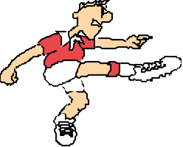 The black and white cartoon shows two soccer players on a field; both appear to be male with exaggerated facial expressions: one is running towards an opponent while holding his leg out as if he's about to kick, wearing shorts and cleats, against another player who seems surprised or caught off guard.