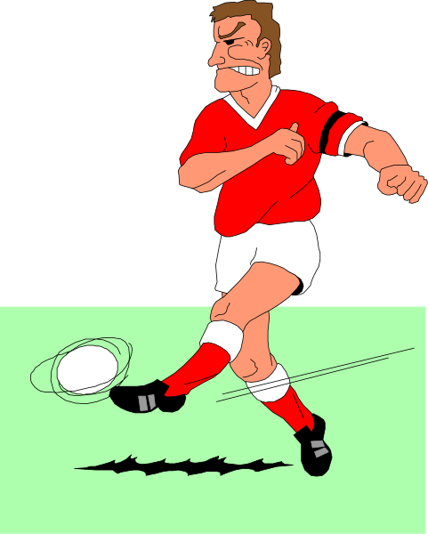 The illustration shows a male soccer player wearing red shorts with white stripes on his socks, kicking a ball during what appears to be an indoor game of football.