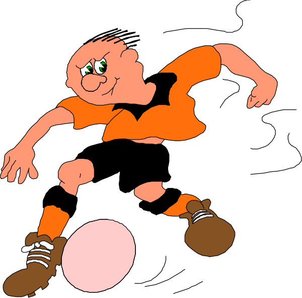 The image shows a cartoon of two men playing soccer with an exaggeratedly large sports ball between them on what appears to be grassy ground under clear skies during daylight hours.