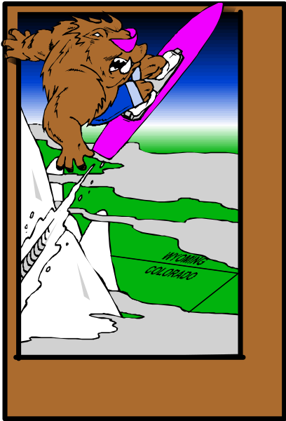 The image shows a cartoon of an animal on snow skis with mountains behind it; there is also text at bottom right corner that reads "Mike."