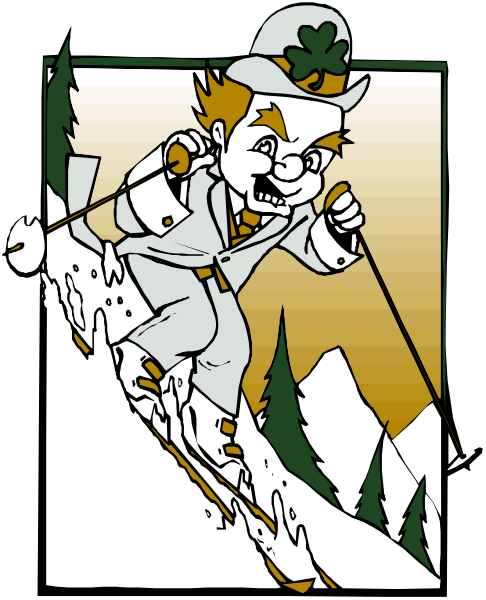The image shows a cartoon of an animated character dressed as Abraham Lincoln on skis with snow around him; he is wearing his signature top hat and suit while skiing downhill in front of trees against a mountain backdrop, holding two poles for balance.