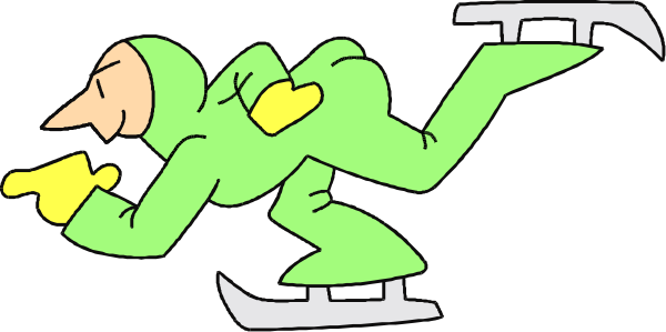The black and white cartoon depicts a person on skis jumping over an obstacle with their arms outstretched for balance.