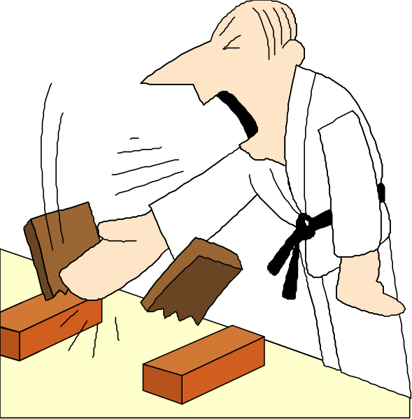 The comic strip shows a man with his hand on top of two blocks while another block is being placed above them by an unseen force; he appears surprised as if something unexpected has occurred during this action.