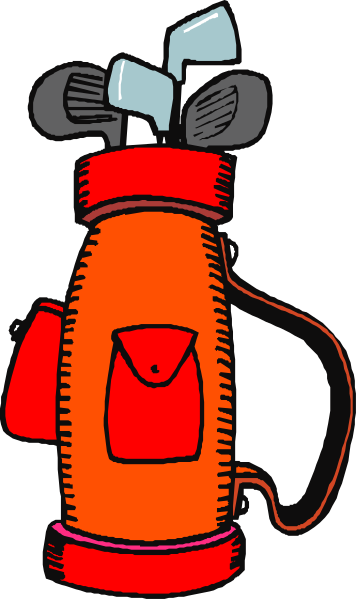 The image shows a cartoon golf bag with clubs sticking out of it on top of what appears to be an orange container that resembles a water bottle.