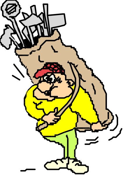 The cartoon shows a man carrying bags on his back with various items spilling out of them onto the ground below him; he is wearing yellow pants and has an exaggeratedly large head in comparison to his body, which gives it a comical appearance.