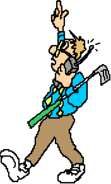 The image shows a cartoon of an animated character who appears to be waving with their right hand while holding what looks like a golf club in both hands.