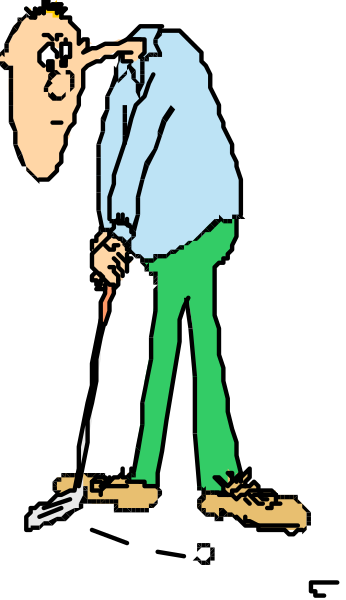 The cartoon shows a man leaning over with his hands on knees as if he's about to swing at something off-frame; behind him is another figure who appears surprised by this action.