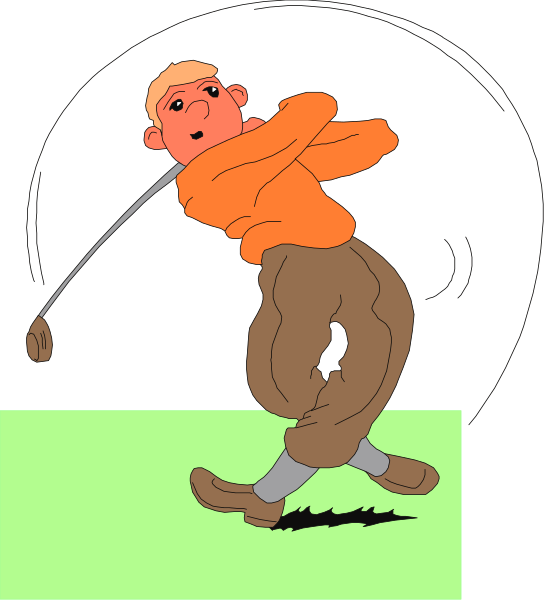 The cartoon depicts a man playing golf on an outdoor course with trees around him; he is wearing brown pants and holding his arms out in front of himself while swinging at a ball that's visible near his feet, which suggests motion as if captured mid-swing during gameplay.