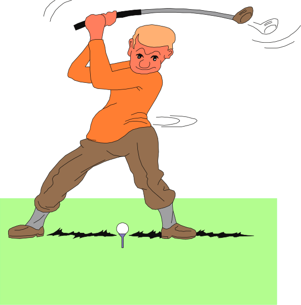 The image shows a cartoon of an animated golfer swinging at a golf ball on a green course with two different poses: one in action hitting the ball and another preparing to hit it from behind.