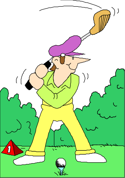 The cartoon shows a golfer wearing yellow pants holding clubs on top of his head while standing next to an obstacle course with trees in the background; he is about ready for action.