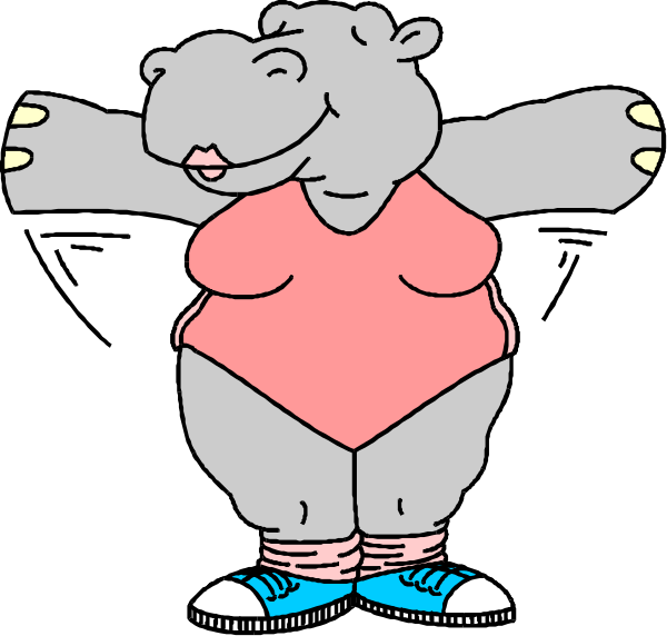 The cartoon shows a hippopotamus wearing an oversized red tank top with its arms outstretched as if it's posing for a photo against a black background.