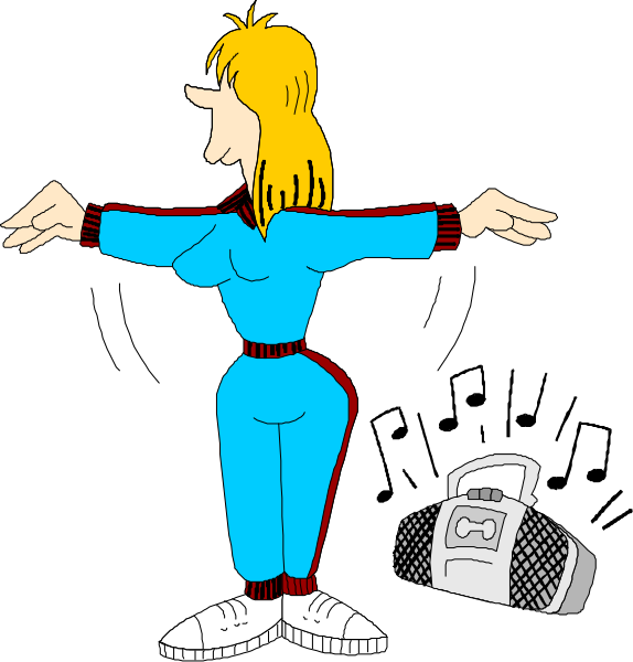 The cartoon shows a woman with blonde hair wearing blue overalls standing upright against two black backgrounds; she is pointing to her left shoulder in both panels while holding an object that resembles a camera, and there's another similar item on the ground between them.
