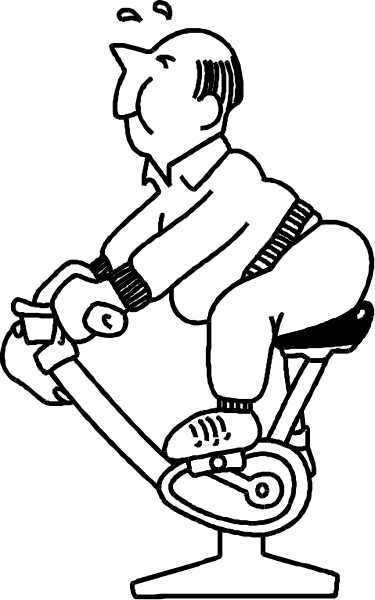 The black and white illustration shows a man sitting on an exercise bike indoors with his back to us; he is wearing shorts and has short hair.