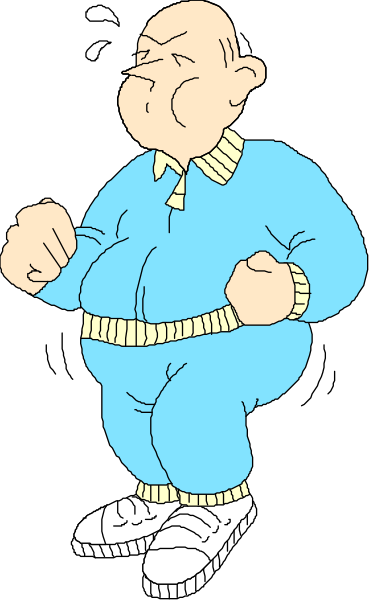 The cartoon shows a man wearing blue clothing with his hands on hips standing against a black background; he appears to be in mid-stride as if walking away from something offscreen.