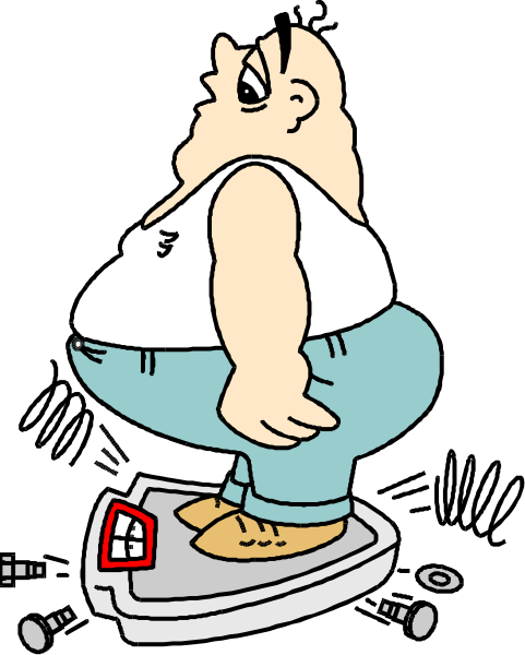 The cartoon shows a man sitting on top of an electronic scale with his feet resting against it while he is riding downhill; there's also text that reads "10 pounds" next to him indicating weight measurement, and below this scene, another image depicts two small figures: one appears to be the same character as in the main cartoon but smaller, standing on a scale with an arrow pointing upwards.