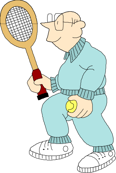 The cartoon shows a man holding tennis rackets while standing on his knees with an exaggerated pose; he is wearing blue pajamas and glasses, has gray hair, and appears to be in mid-action as if playing sports.