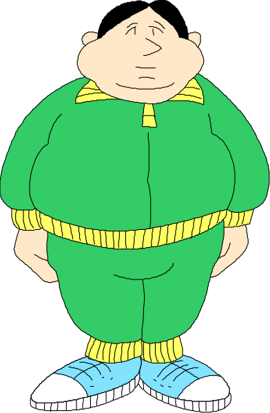 The image shows a cartoon of an overweight man wearing green pajamas with yellow trim on his feet; he is standing in front of what appears to be a brick wall.