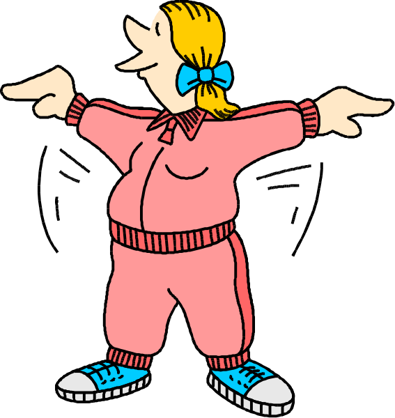 The image shows two cartoon characters: a woman pointing to her left with both hands raised above head while standing on tiptoe in pink pajamas; next to it is another character who appears smaller due to perspective, also wearing red and blue striped pants but without any arms or legs visible.