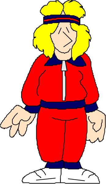 The cartoon shows a person wearing red clothing with white stripes on their sleeves; it appears to be an animated character in mid-stride against a dark background.